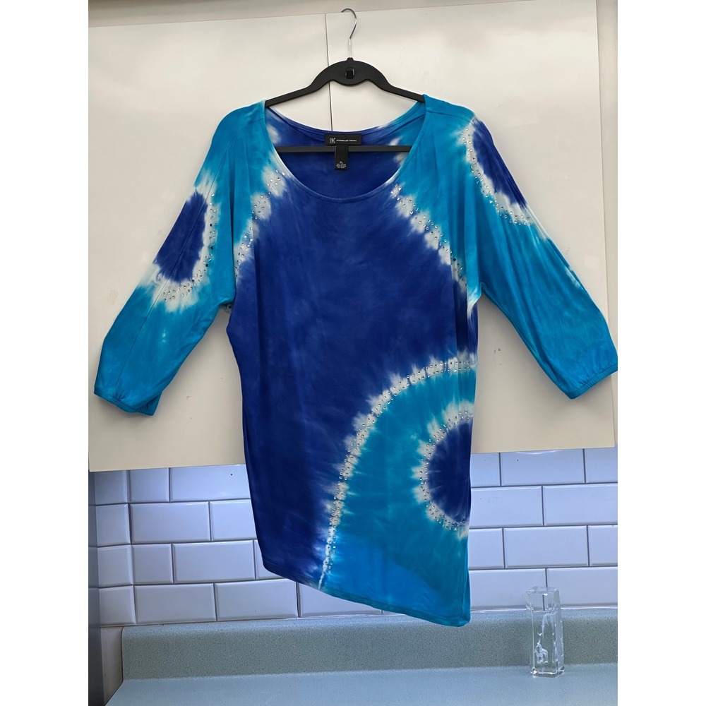 INC International Concepts Blue Tie Dye Rhinestone Asymmetrical Top XL Rayon